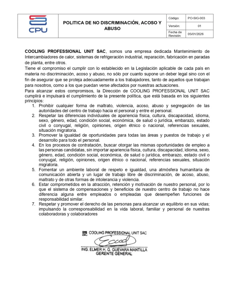 POLITICA DE NO DISCRIMINACIÓN, ACOSO Y ABUSO